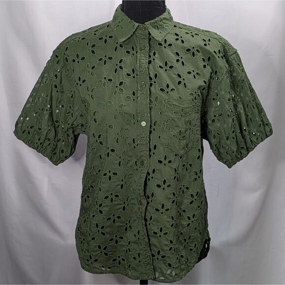 J.Crew Mozy Green Eyelet Top Sz 4 Puff Sleeve Boho Earthy Lagenlook Blouse - Picture 9 of 14